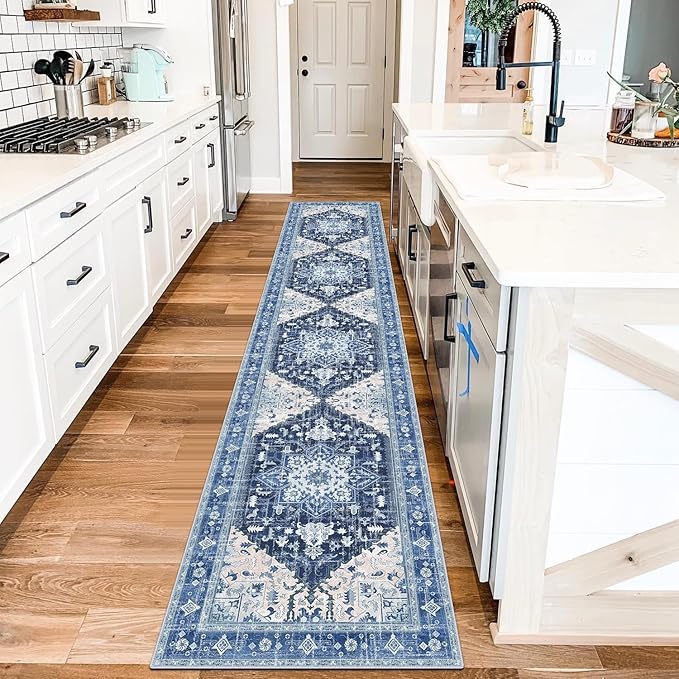 Washable Runner Rug, 2x10 Non-Slip Boho Vintage Hallway Rug Runner with Rubber Backing, Stain Resistant Distressed Carpet Runner for Bedroom, Kitchen, Laundry,