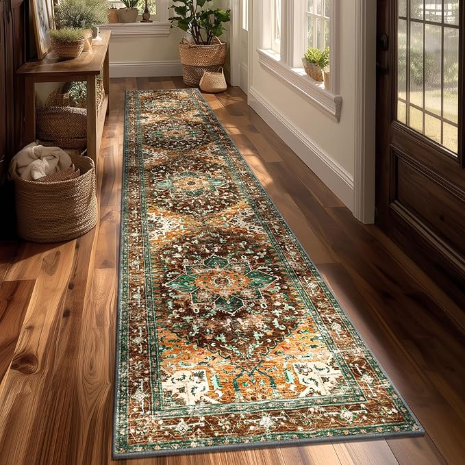 Washable Runner Rug, 2x10 Non-Slip Boho Vintage Hallway Rug Runner with Rubber Backing, Stain Resistant Distressed Carpet Runner for Bedroom, Kitchen, Laundry,