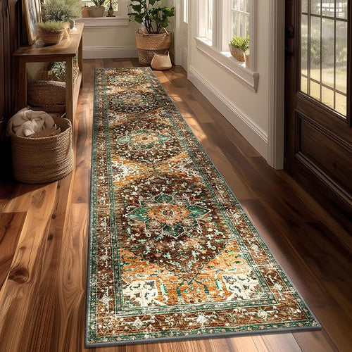Washable Runner Rug, 2x10 Non-Slip Boho Vintage Hallway Rug Runner with Rubber Backing, Stain Resistant Distressed Carpet Runner for Bedroom, Kitchen, Laundry,